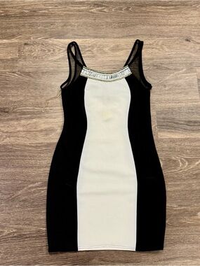 Black White Bodycon Mini Dress Mesh Illusion Beaded Neckline M